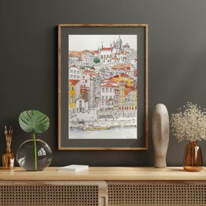 Art print ‘Ribeira‘ a partir de uma ilustração figurativa do skyline do Porto assinado pelo autor